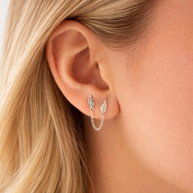 Sterling Silver Angel Wing Chain Drop Earrings – Dainty Gold Double Pierced earrings image 5
