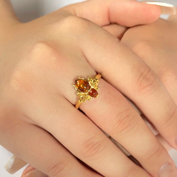 Gold Bee Ring, Amber Bee Ring, Honey Bee Ring, Gift Ring, Cognac Amber Ring, Insect Ring