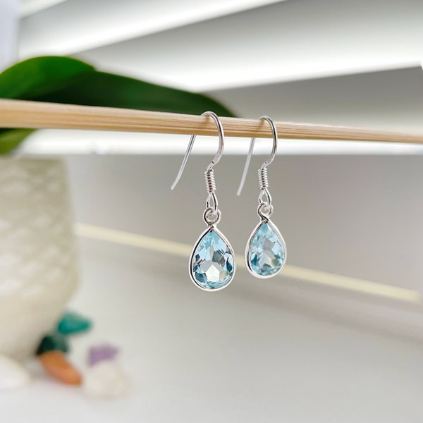 Topaz Earrings, Blue Topaz Facet Single Teardrop Bezel Set Earrings, Topaz Dangle Earrings, 925 Sterling Silver, November Birthstone