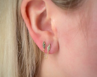 Gold Angel Wing Earrings,  Dainty Double Angel Wings with Chain Link, Stud Earrings, Chain Link Earrings