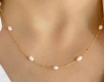Pearl Necklace, Gold Satellite Pearl Chain, Silver Necklace, Bobble Pearl Necklace, Layering Necklace, June Birthstone Gift, Gift for Her