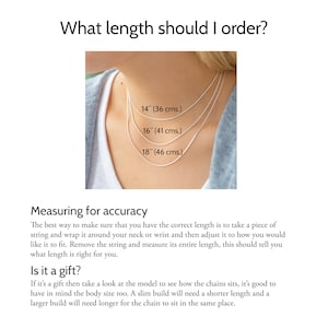 May include: A visual guide titled What length should I order? showing three silver-toned chains at 14 inches, 16 inches, and 18 inches. Text includes Measuring for accuracy and Is it a gift? with instructions on how to determine the correct chain length.