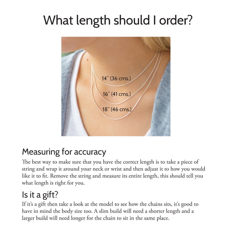 May include: A visual guide titled What length should I order? showing three silver-toned chains at 14 inches, 16 inches, and 18 inches. Text includes Measuring for accuracy and Is it a gift? with instructions on how to determine the correct chain length.