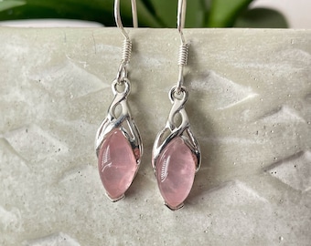 Rose Quartz Earrings, Celtic Drop Earrings, Sterling Silver Earrings, Marquise Rose Quartz Earrings, January Birth Stone Gift