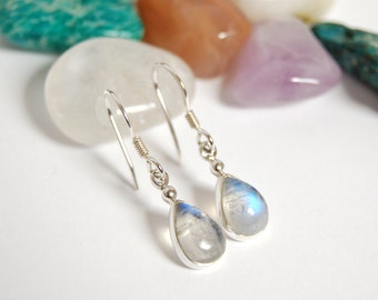 Moonstone Earrings, Teardrop Moonstone Earrings, Dangle Earrings, Sterling Silver Rainbow Moonstone Earrings, June Birthstone