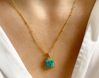 Turquoise Square Necklace, Turquoise Square Pendant, Sterling Silver, Gold Plate Necklace, Layering Necklace, December Birthstone Gift