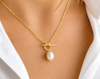 Gold Plate Sterling Silver Pearl T-Bar Necklace: June Birthstone