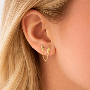Sterling Silver Angel Wing Chain Drop Earrings – Dainty Gold Double Pierced earrings image 1