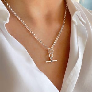 925 Sterling Silver Chunky Rolo Chain Necklace, T-Bar Pendant Necklace, Minimalist Necklace, Boho Necklace, Toggle Necklace, Gift for Her