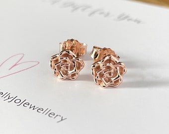 Rose Stud Earrings: 925 Sterling Silver with Rose Gold Plate, June Birth Flower