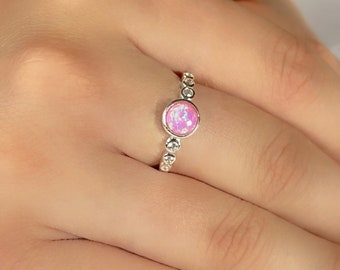 Opal Ring, Pink Opal Ring with Cubic Zirconia Ring, Sterling Silver Bubble Ring, Bezel Set Opal Stacking Ring, October Birthstone Gift