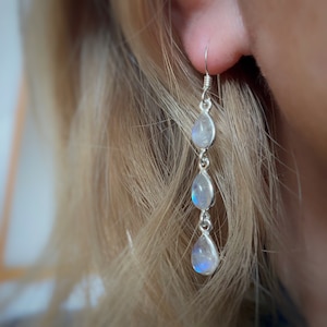 Silver Moonstone Earrings, Teardrop Moonstone Earrings, Sterling Silver Drop Earrings, Rainbow Moonstone Earrings, New Beginnings Gem