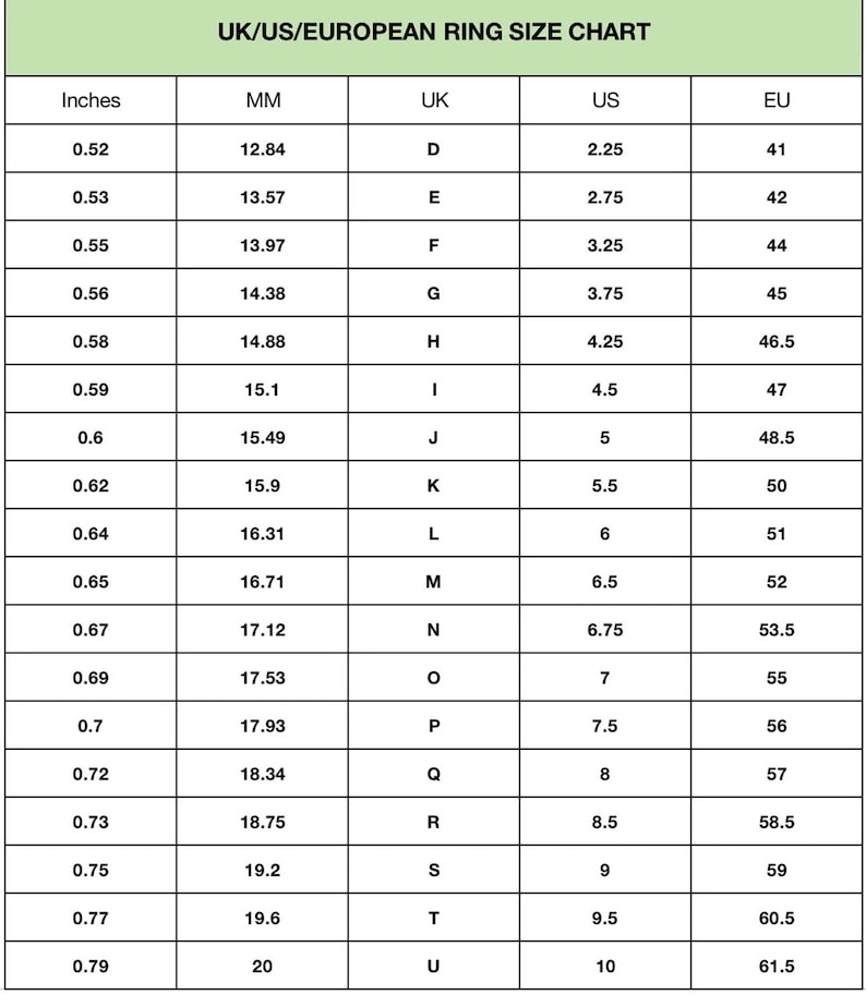 Op de afbeelding: Een tabel met ringmaten in inches, millimeters, UK, US en EU. De tabel bevat maten van 0,52 inch tot 0,79 inch.