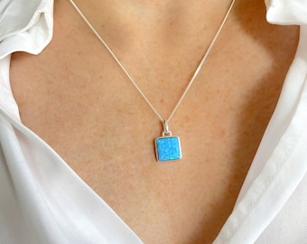 Opal Necklace, Blue Opal Square Pendant, Sterling Silver Square Opal Necklace, October Birthstone Gift