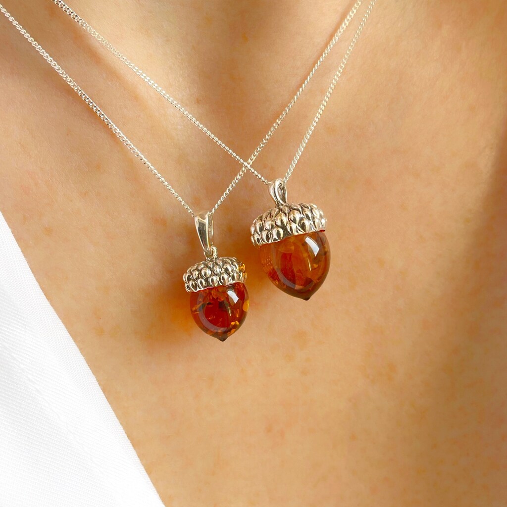 Collana In Argento 925 Con Ciondolo Ghianda E Ambra Marrone - Catena Diamantata 45,7 Cm