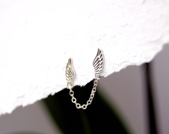 Angel Wing Earrings, Dainty Double Chain Drop Angel Wings, Chain Link Stud Earrings, Chain Link Earrings, Double Piercing Earrings