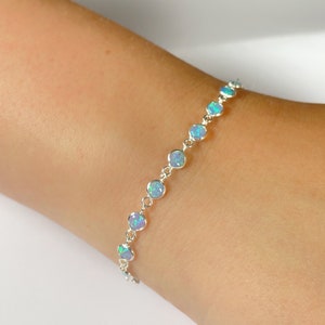 Opal Bracelet, Blue Opal Link Bracelet, Blue Opal Disc Bracelet, Sterling Silver Bracelet, October Birthstone Gift, Gift For Her