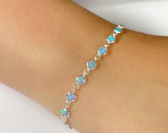 Opal Bracelet, Blue Opal Link Bracelet, Blue Opal Disc Bracelet, Sterling Silver Bracelet, October Birthstone Gift