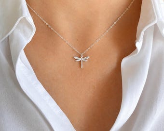 Dragonfly Necklace: Sterling Cubic Zirconia Wings, Gold Dragonfly, Dainty Insect Jewellery, Gift for Her