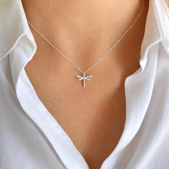 Dragonfly Necklace: Sterling Cubic Zirconia Wings, Gold Dragonfly, Dainty Insect Jewellery, Gift for Her