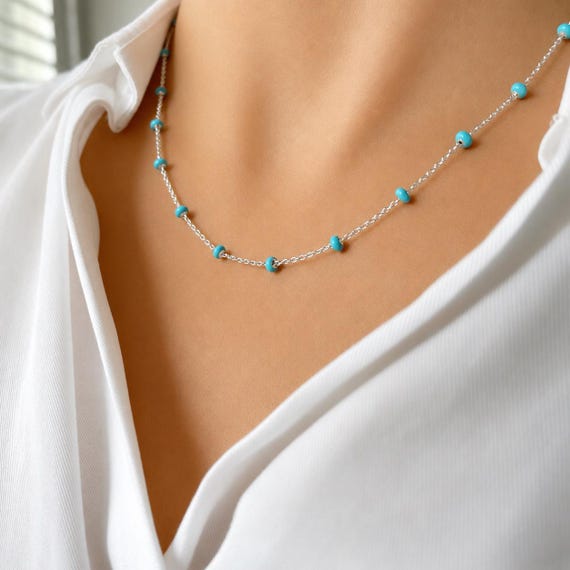 Turquoise Enamel Bead Necklace: Sterling Silver Satellite Chain
