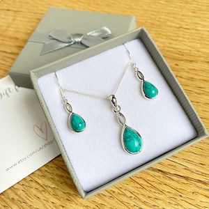 Turquoise Necklace and Earring Set, Turquoise Teardrop Pendant and Earrings, 925 Sterling Silver, December Birthstone, Gift for Her