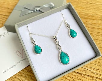 Conjunto de collar y pendientes de turquesa en forma de lágrima: Plata de ley, piedra natal de diciembre
