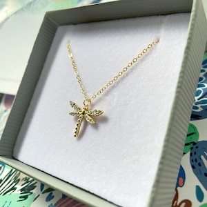 Dragonfly Necklace: Sterling Cubic Zirconia Wings, Gold Dragonfly, Dainty Insect Jewellery, Gift for Her Gift Box Gold