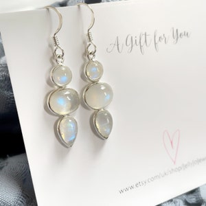 Moonstone Earrings, Triple Moonstone Earrings, Sterling Silver Dangle Earrings, Rainbow Moonstone, June Birthstone Earrings