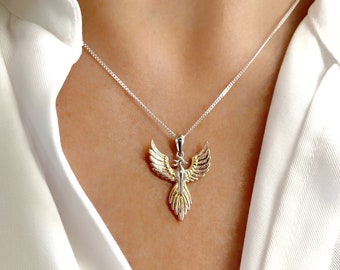 Sterling Silver Phoenix Necklace: Gold & Rose Gold Wings