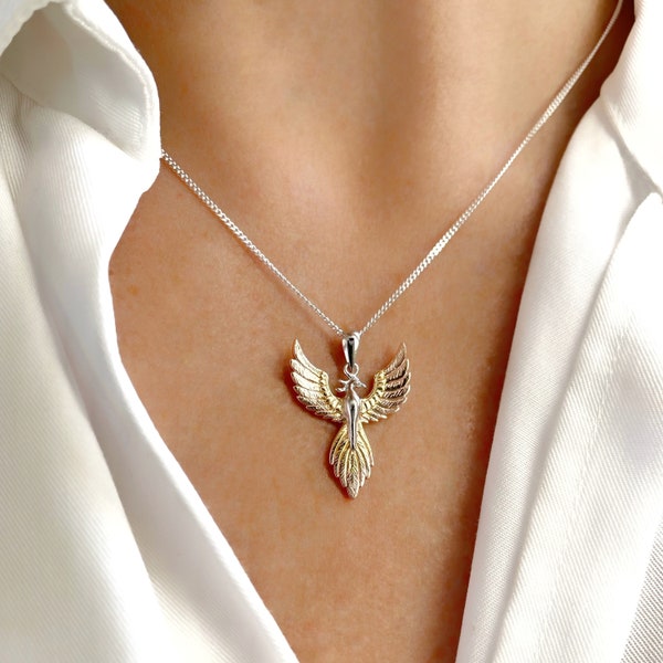 Phoenix Necklace, Sterling Silver Rising Phoenix Necklace, Gold and Rose Gold Phoenix Bird Pendant, Mothers Day Gift Necklace