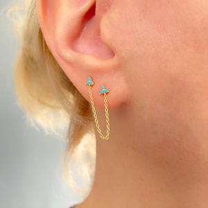 Turquoise Earrings, Chain Drop Earrings, Turquoise Trio Earrings, Double Stud Earrings, 925 Sterling Silver, December Gift, Gift for Her