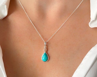 Turquoise Necklace, Turquoise Teardrop Pendant, 925 Sterling Silver Necklace, December Birthstone
