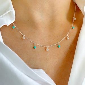 Turquoise Droplet Necklace, Dainty Pearl and Turquoise Necklace, December or June Birthday Gift, Gift for Her