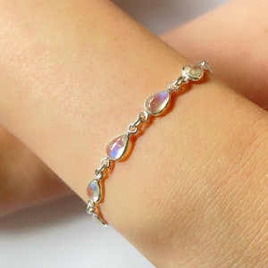 Pulsera de piedra lunar en forma de lágrima: piedra preciosa de plata de ley, piedra natal de junio