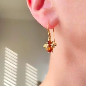 Amber Bee Earrings: 14K Gold Sterling Silver Insect Drops