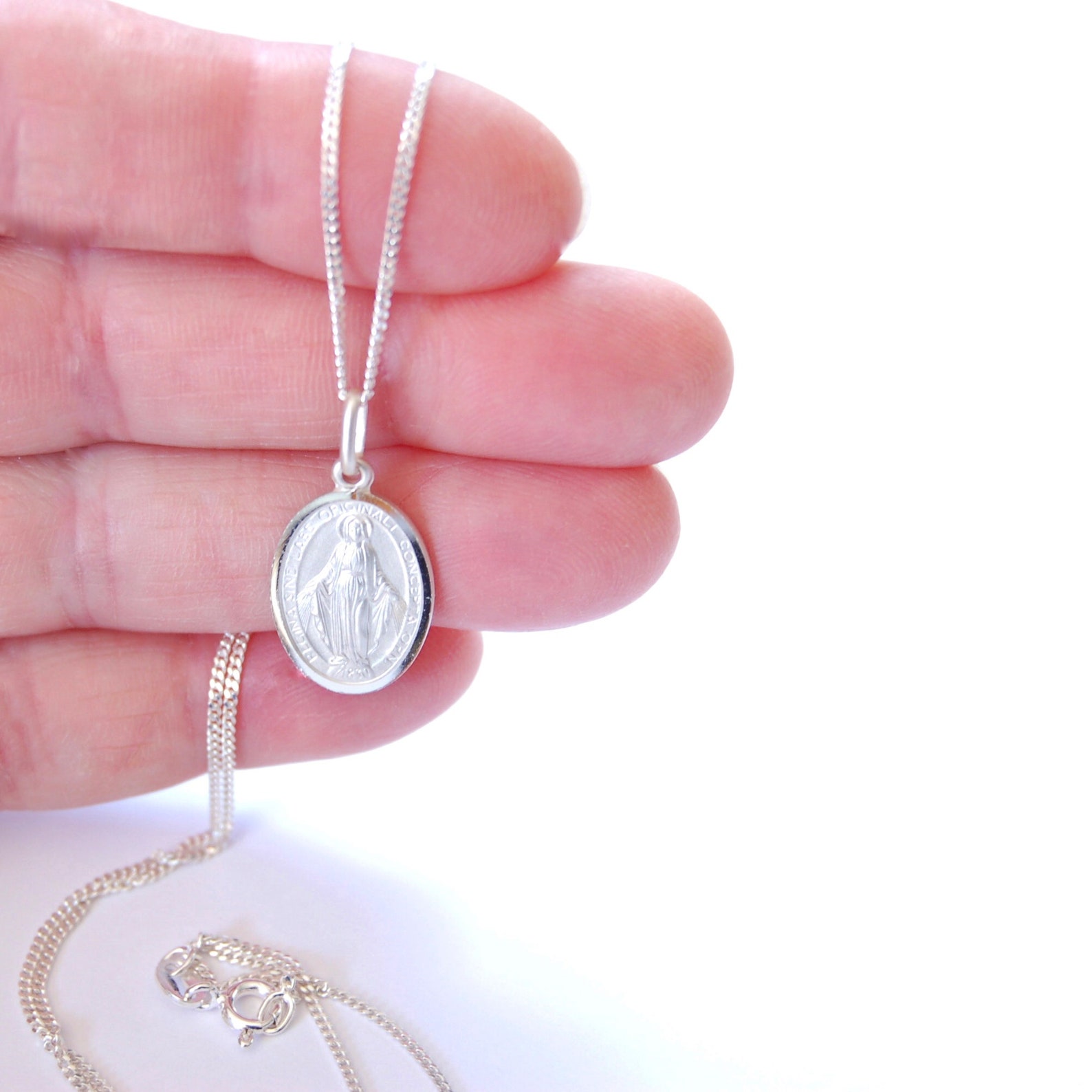 Sterling Silver Miraculous Medal Necklace, Virgin Mary Charm - Etsy