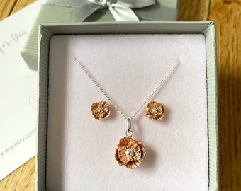 Sterling Silver Poppy Flower Jewelry Set: Rose Gold Earrings & Necklace
