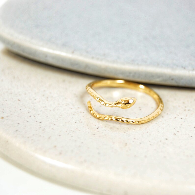 May include: A gold snake ring with a textured finish. The ring is open and adjustable.