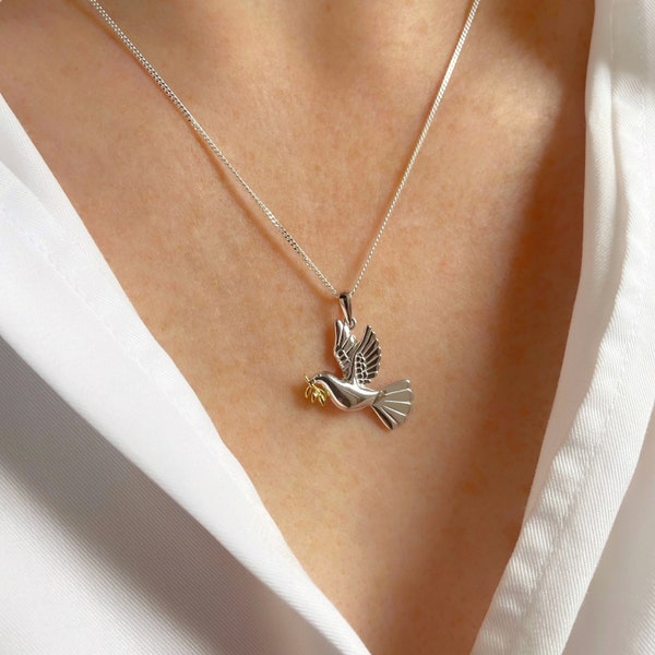 Dove of Peace Necklace, Sterling Silver Dove Pendant, Olive Branch Pendant, Symbol of Love