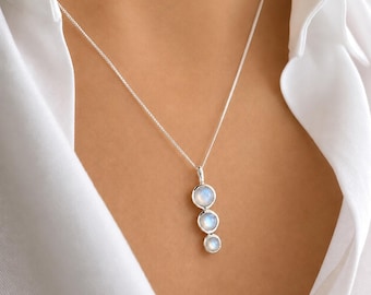 Moonstone Droplet Necklace: Sterling Silver Trio Pendant, December Birthstone