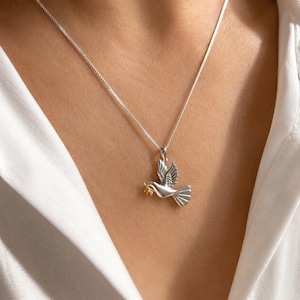 Sterling Silver Dove Necklace: Peace Pendant with Gold Olive Branch