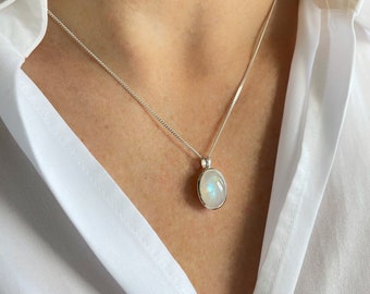 Moonstone Necklace, Sterling Silver, Rainbow Moonstone Oval Pendant Necklace, Moonstone June Birthstone