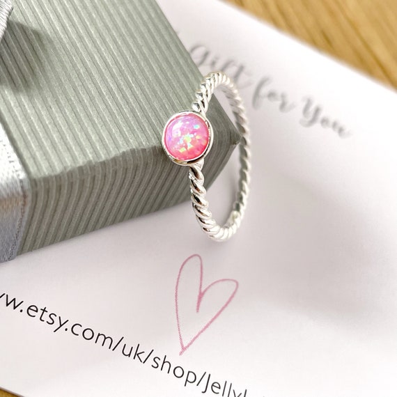 Pink Opal Ring: Sterling Silver Twisted Band, October Birthstone