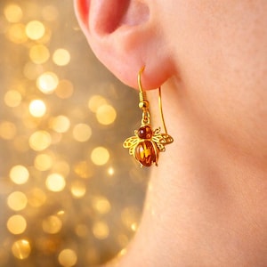 Amber Bee Earrings: 14K Gold Sterling Silver Insect Drops