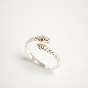 Silver ring with a snake head at each end crossing over. The ring has a snake skin pattern. The ring is adjustable as the heads are not fixed