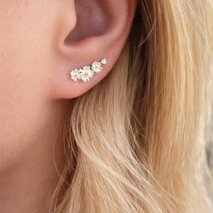 Sterling Silver Daisy Ear Climber Earrings: April Birth Flower Jewellery