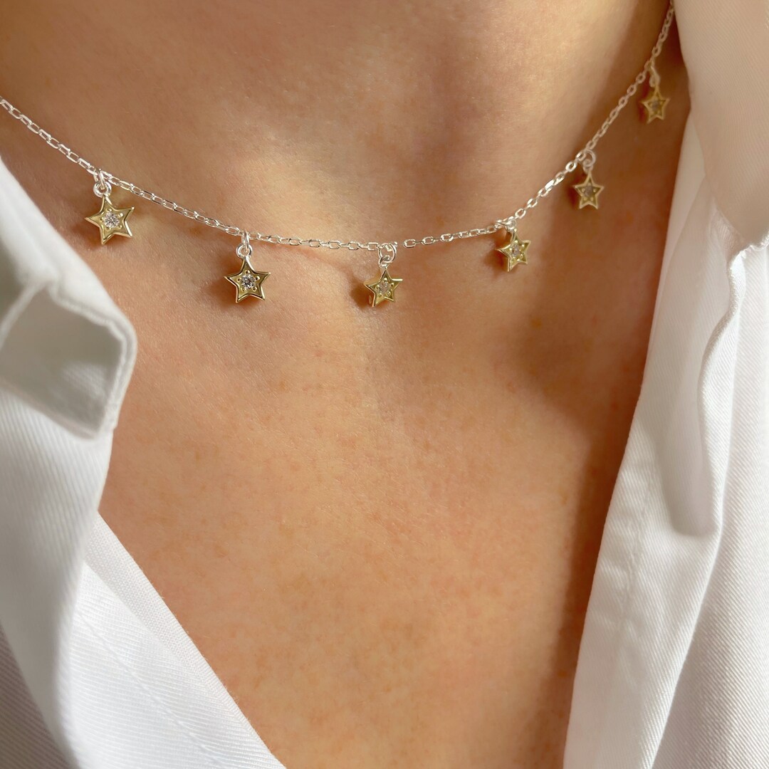 Silver Star Necklace, Cubic Zirconia Gold Star Necklace