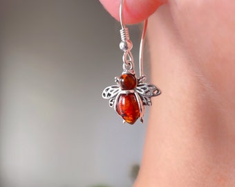 Amber Bee Earrings, Amber Bee Drop Earrings, Amber Insect Earrings, 925 Sterling Silver Bee Earrings, Anniversary Gift