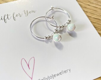 Opal Earrings, Opal Drop Earrings, Sterling Silver Hoop Earring, Silver Beaded Opal Hoop Earrings, October Birthstone